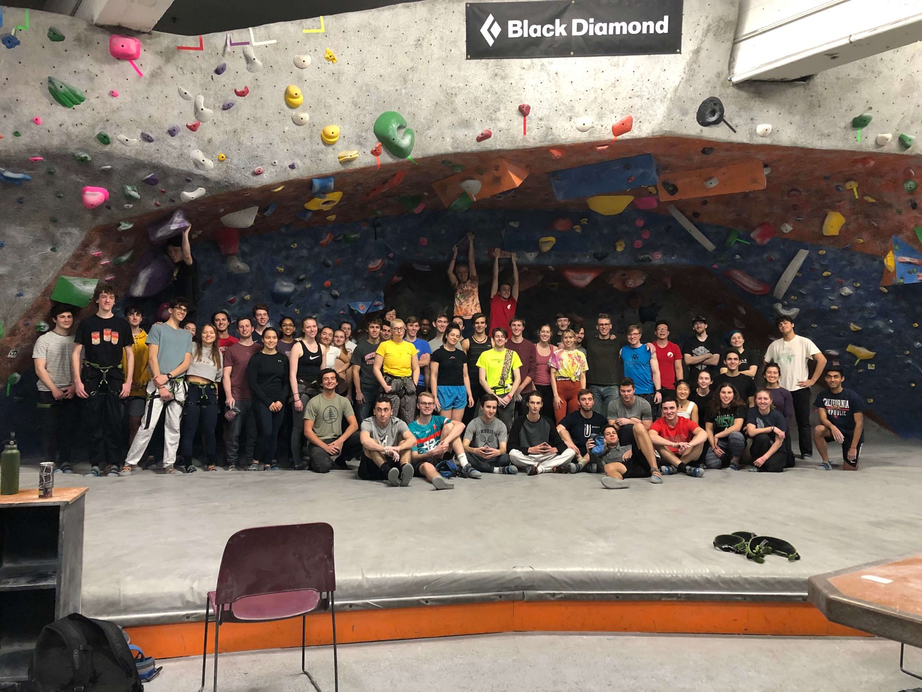 A group photo of all Northeastern Climbing Club members at a climbing gym in South Boston